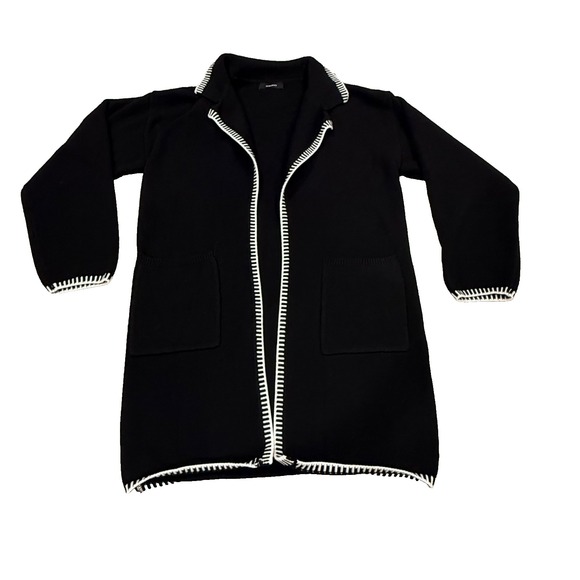 Black Sweaters - Women's Long‎ Open Cardigan Sweater; Black w/ White Hemstitch; Pockets; Size Med